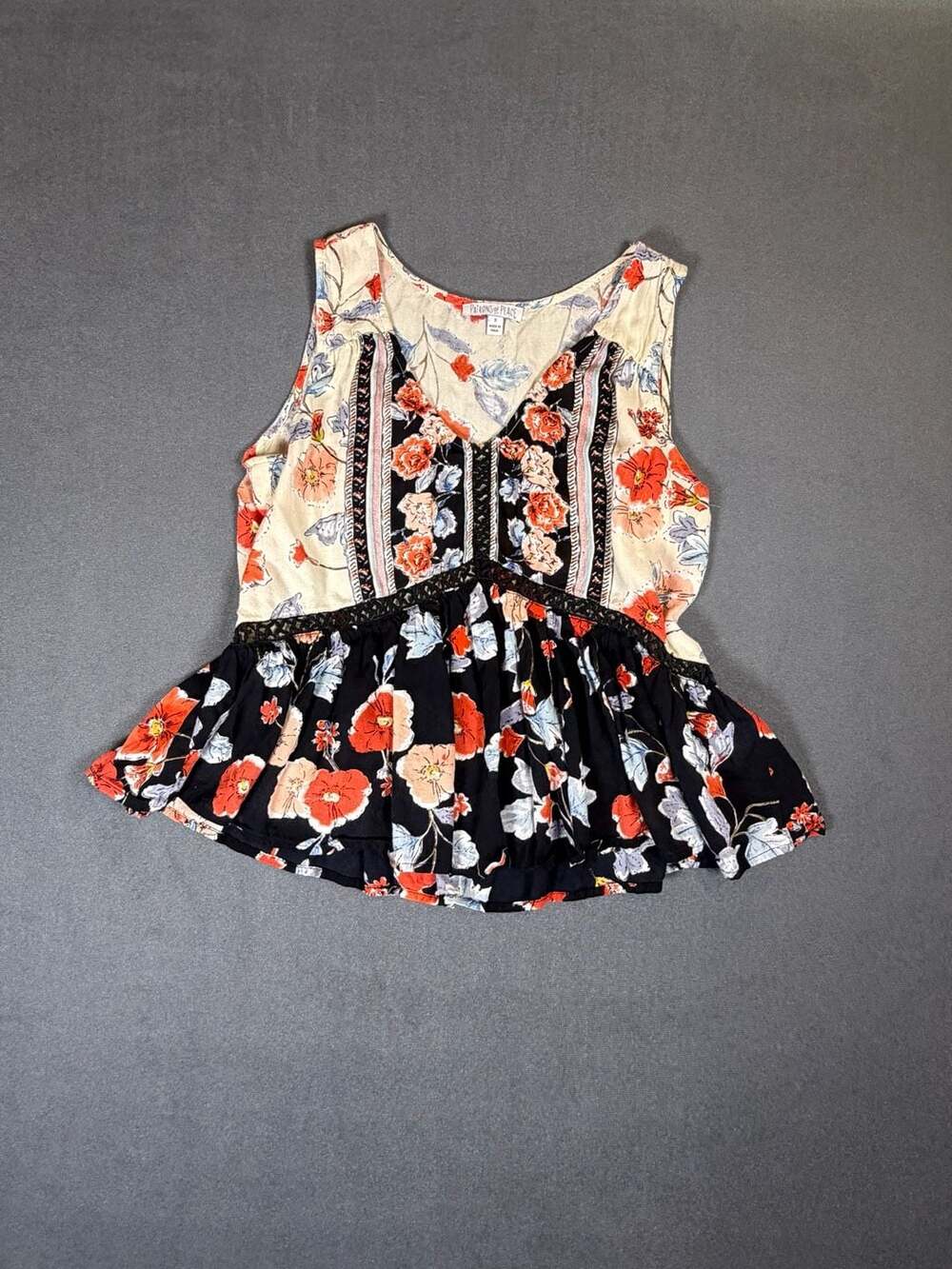 Patrons of Peace Floral Peplum Tank Top S Crochet Trim Boho Festival